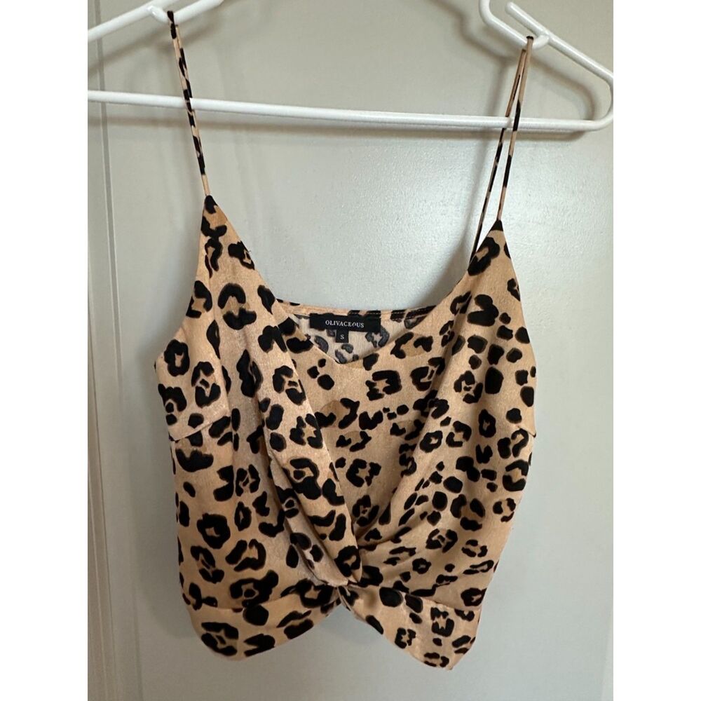 Olivaceous Cheetah Front Knot Cropped Spaghetti Strap Tank Top Women's Sz S